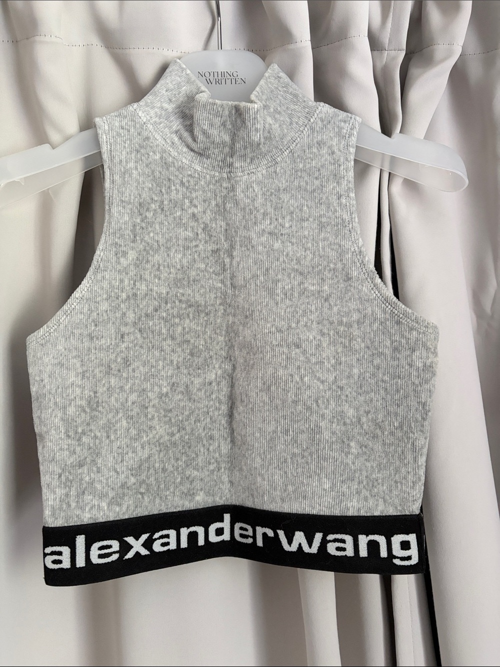 T by Alexander Wang Light Gray Ribbed Mock Neck Crop Top with Black Logo Band